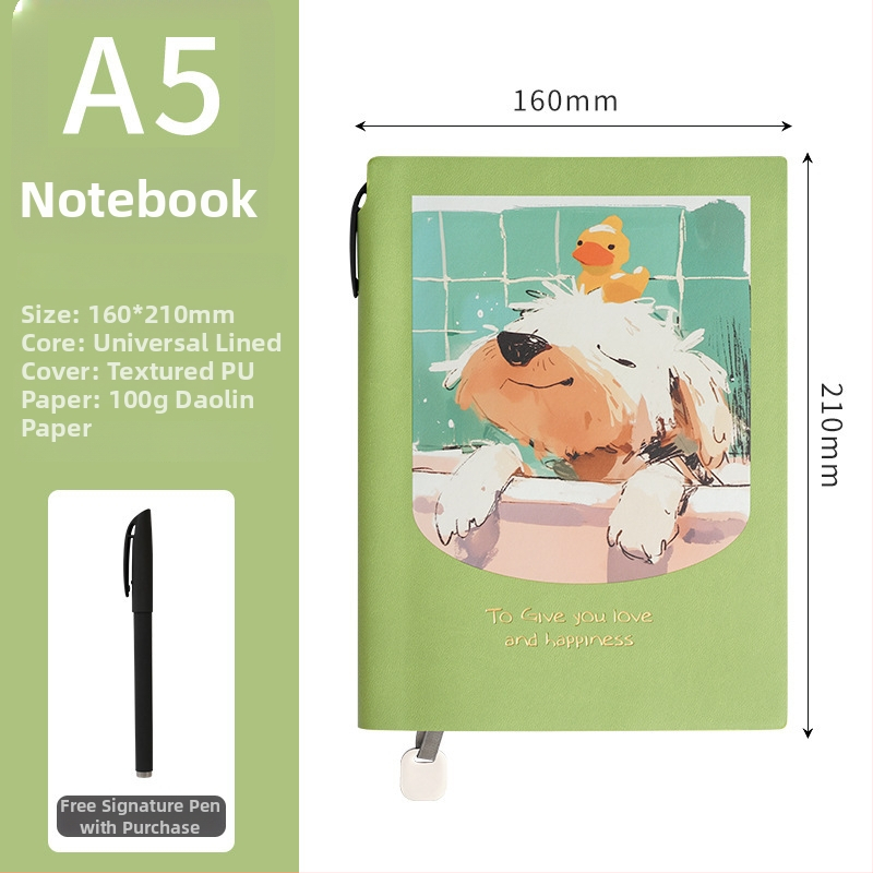 Notebook s farebnou karikatúrnou ilustráciou, hrubé mäkké kožené vyzerajúce puzdro, stránky s vodorovnými riadkami