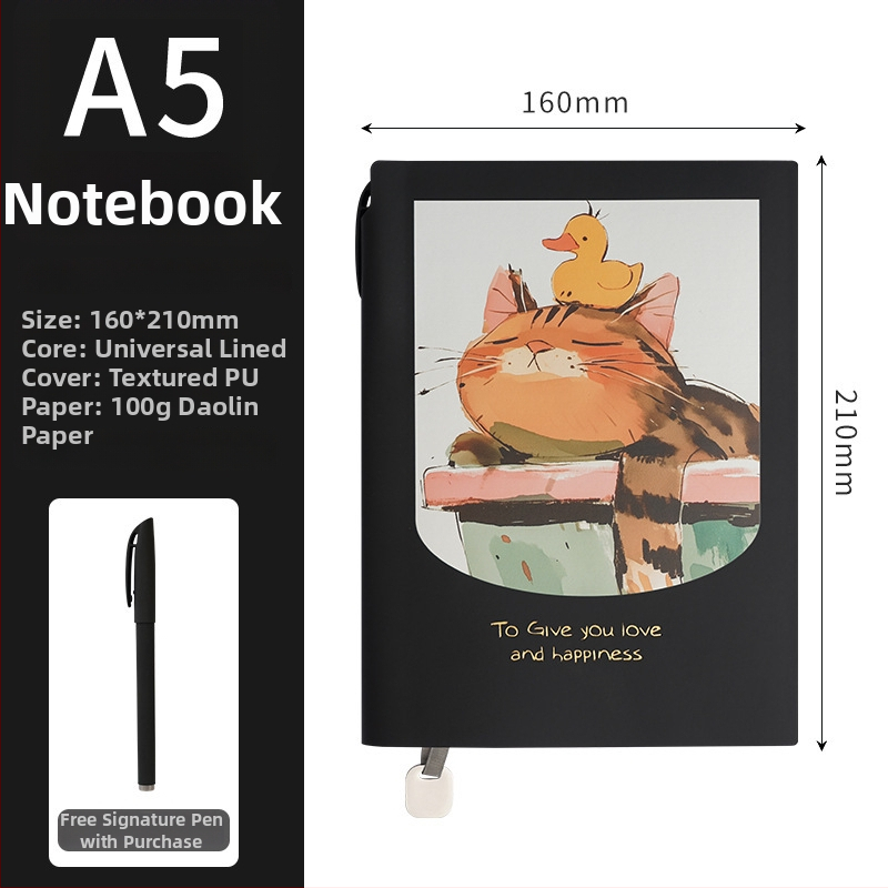 Notebook s farebnou karikatúrnou ilustráciou, hrubé mäkké kožené vyzerajúce puzdro, stránky s vodorovnými riadkami
