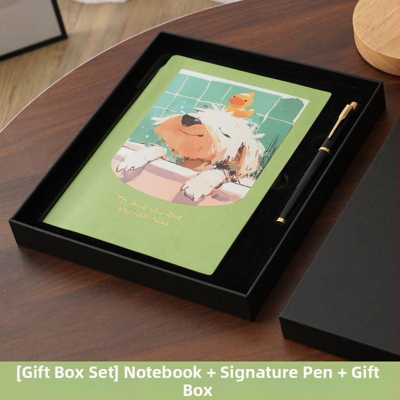 Notebook s farebnou karikatúrnou ilustráciou, hrubé mäkké kožené vyzerajúce puzdro, stránky s vodorovnými riadkami