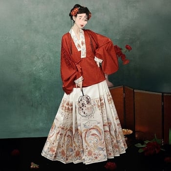 Ženski Hanfu: Ming stil, križni ovratnik, rukavi tipa pipa, brokatna suknja s motivom horse-face, proljetno-ljetni kineskog stila Hanfu