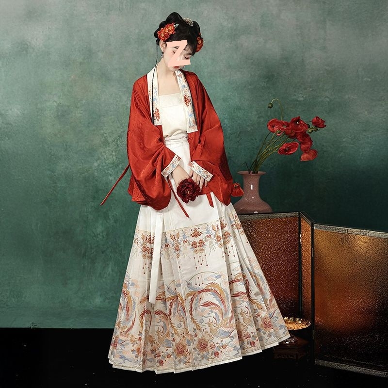 Ženski Hanfu: Ming stil, križni ovratnik, rukavi tipa pipa, brokatna suknja s motivom horse-face, proljetno-ljetni kineskog stila Hanfu