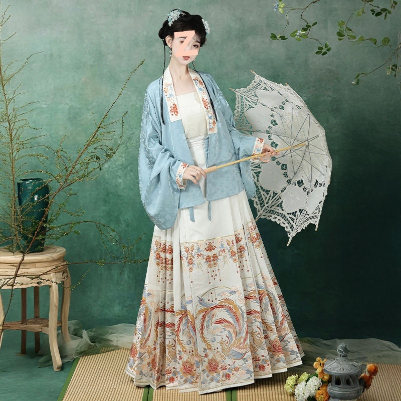 Ženski Hanfu: Ming stil, križni ovratnik, rukavi tipa pipa, brokatna suknja s motivom horse-face, proljetno-ljetni kineskog stila Hanfu