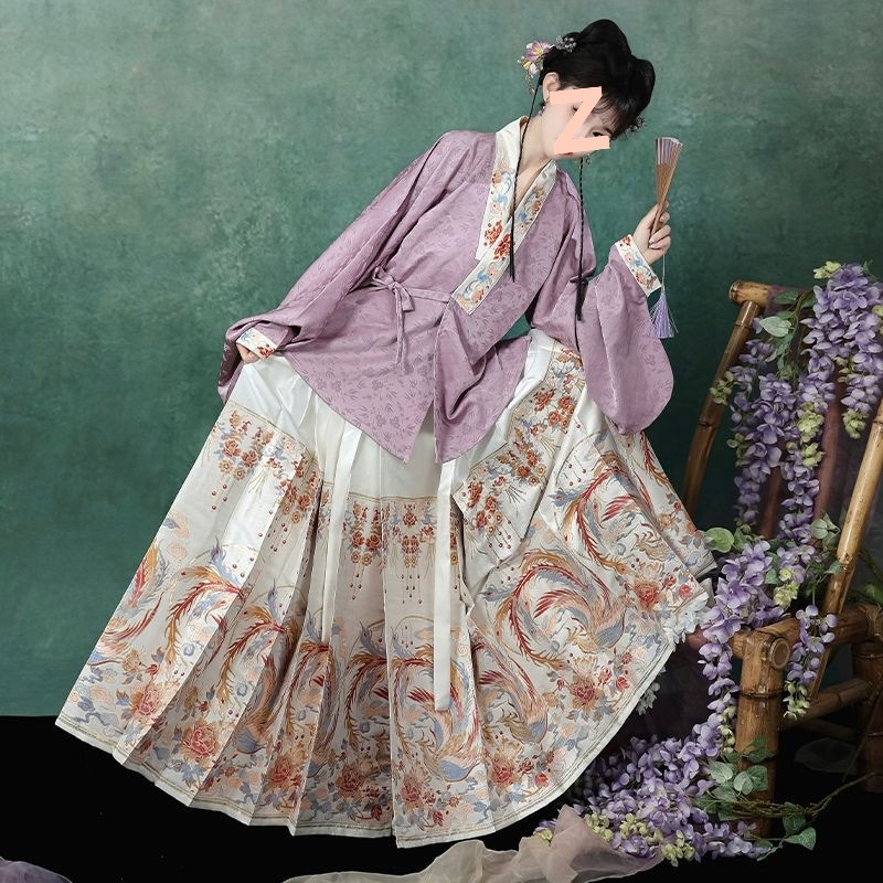 Ženski Hanfu: Ming stil, križni ovratnik, rukavi tipa pipa, brokatna suknja s motivom horse-face, proljetno-ljetni kineskog stila Hanfu