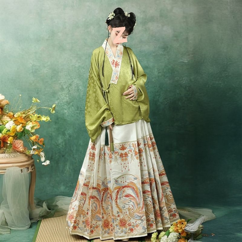 Ženski Hanfu: Ming stil, križni ovratnik, rukavi tipa pipa, brokatna suknja s motivom horse-face, proljetno-ljetni kineskog stila Hanfu