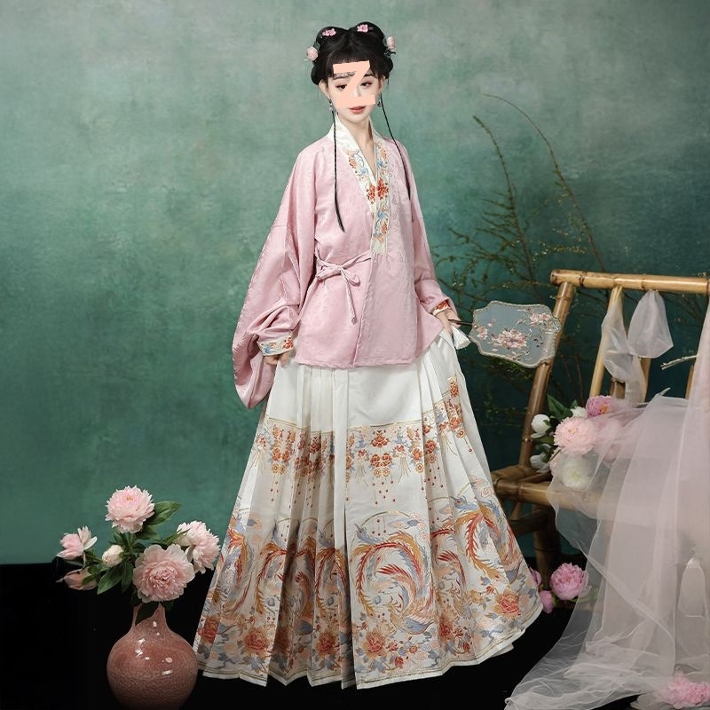 Ženski Hanfu: Ming stil, križni ovratnik, rukavi tipa pipa, brokatna suknja s motivom horse-face, proljetno-ljetni kineskog stila Hanfu
