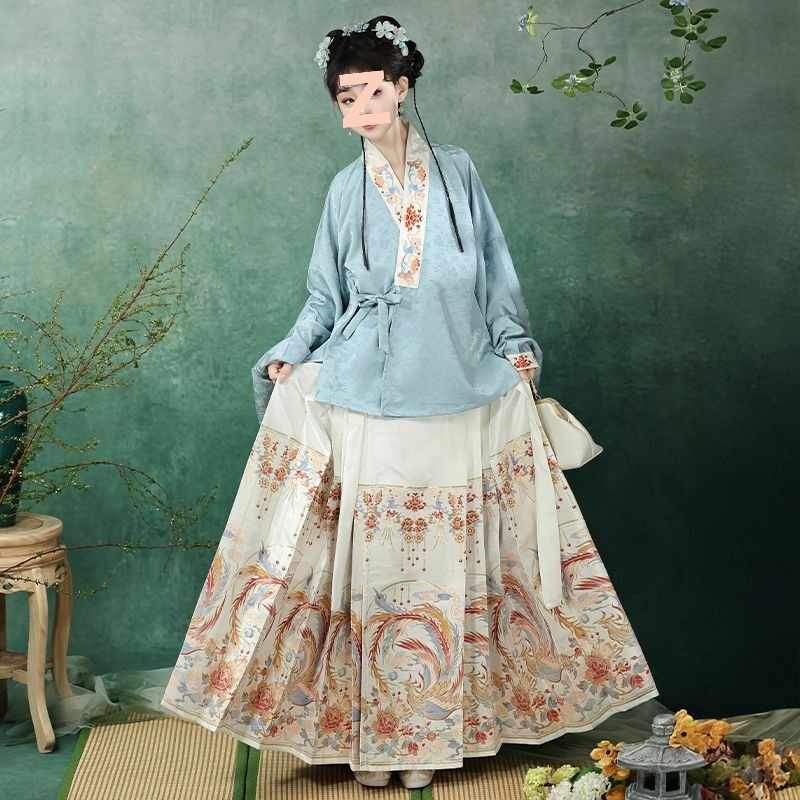 Ženski Hanfu: Ming stil, križni ovratnik, rukavi tipa pipa, brokatna suknja s motivom horse-face, proljetno-ljetni kineskog stila Hanfu