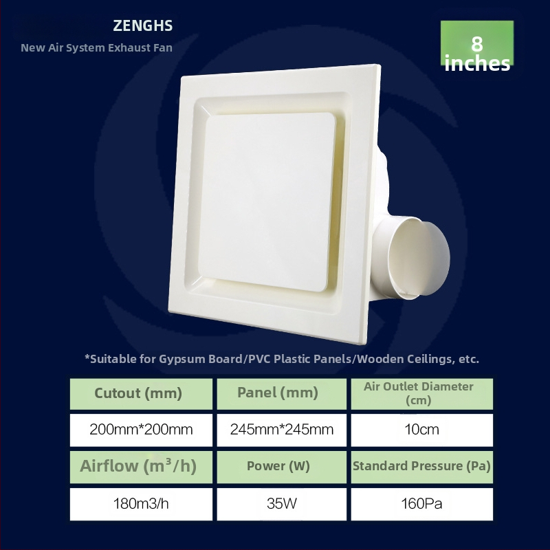 Inštalačný stropný výfukový ventilátor pre kúpeľňu a kuchyňu, PVC panel, tichý chod