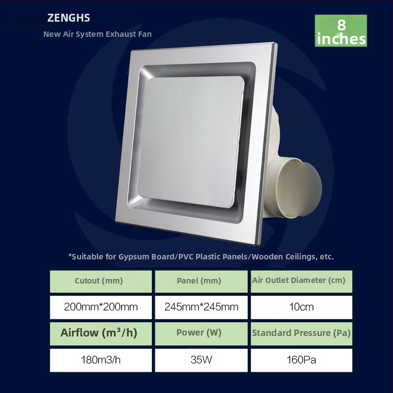Inštalačný stropný výfukový ventilátor pre kúpeľňu a kuchyňu, PVC panel, tichý chod