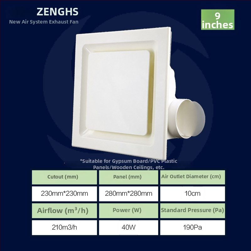 Inštalačný stropný výfukový ventilátor pre kúpeľňu a kuchyňu, PVC panel, tichý chod