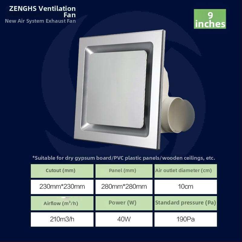 Inštalačný stropný výfukový ventilátor pre kúpeľňu a kuchyňu, PVC panel, tichý chod