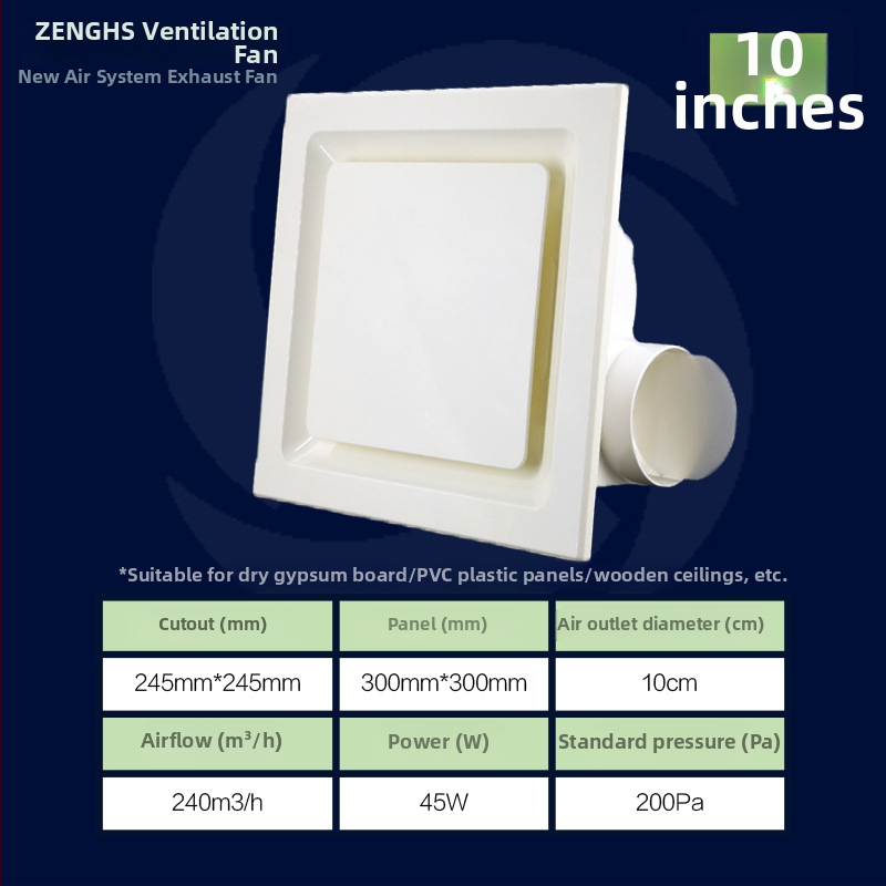 Inštalačný stropný výfukový ventilátor pre kúpeľňu a kuchyňu, PVC panel, tichý chod