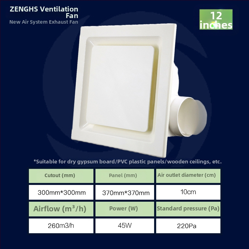 Inštalačný stropný výfukový ventilátor pre kúpeľňu a kuchyňu, PVC panel, tichý chod