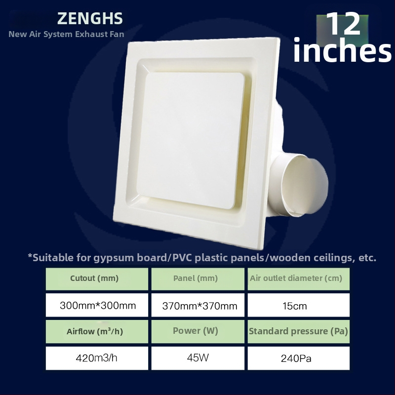 Inštalačný stropný výfukový ventilátor pre kúpeľňu a kuchyňu, PVC panel, tichý chod