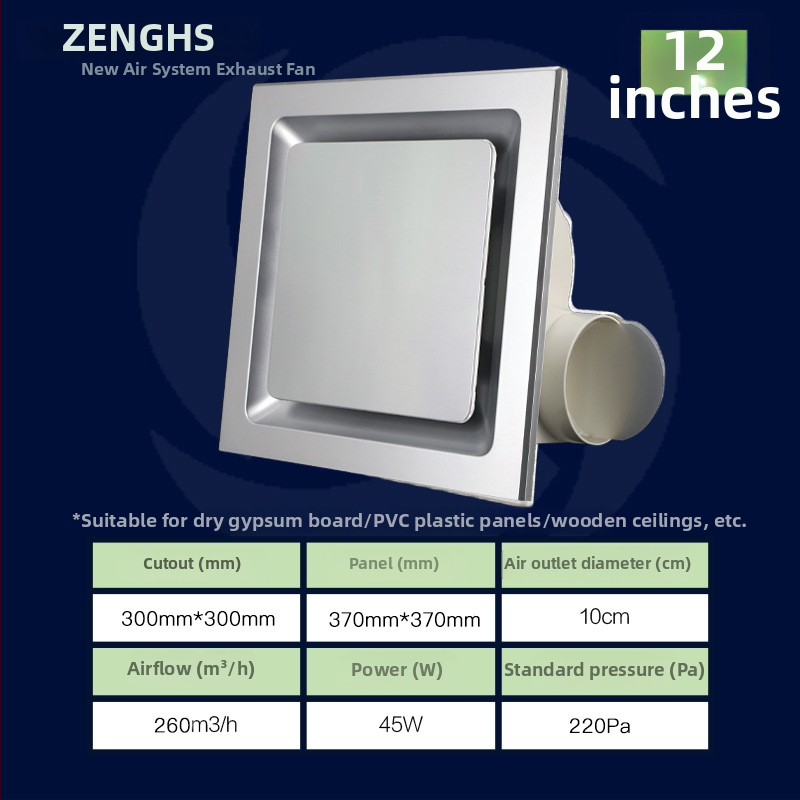 Inštalačný stropný výfukový ventilátor pre kúpeľňu a kuchyňu, PVC panel, tichý chod