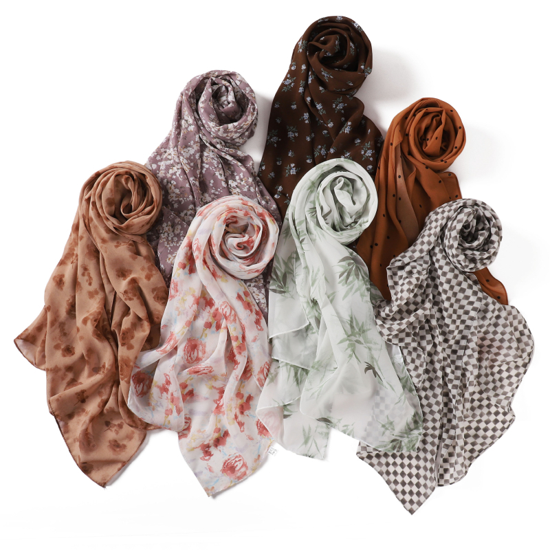Chiffon hosszú sál virágos mintával és bambusz-kockás mintával, női kendő