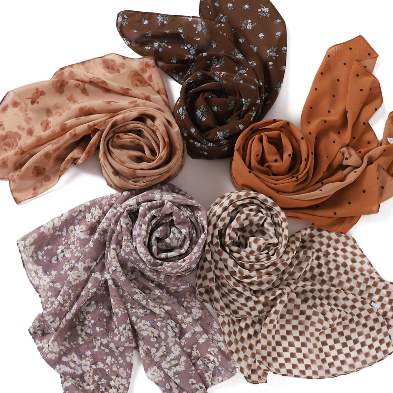 Chiffon hosszú sál virágos mintával és bambusz-kockás mintával, női kendő