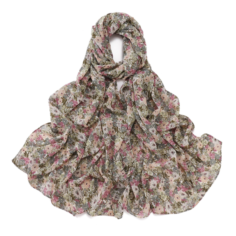 Chiffon hosszú sál virágos mintával és bambusz-kockás mintával, női kendő