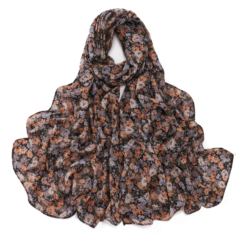 Chiffon hosszú sál virágos mintával és bambusz-kockás mintával, női kendő