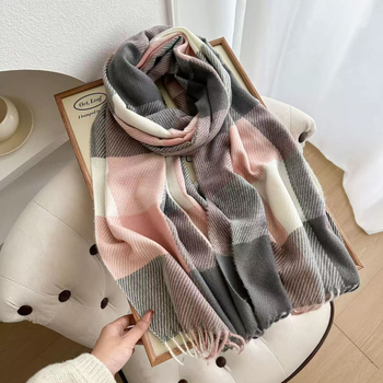 Női kockás sál bojtokkal, 200 cm hosszú, imitációs kasmír anyag