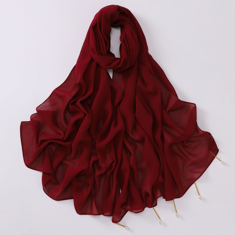 Kézzel készített chiffon sál rézcső gyöngyökkel, 170×70 cm