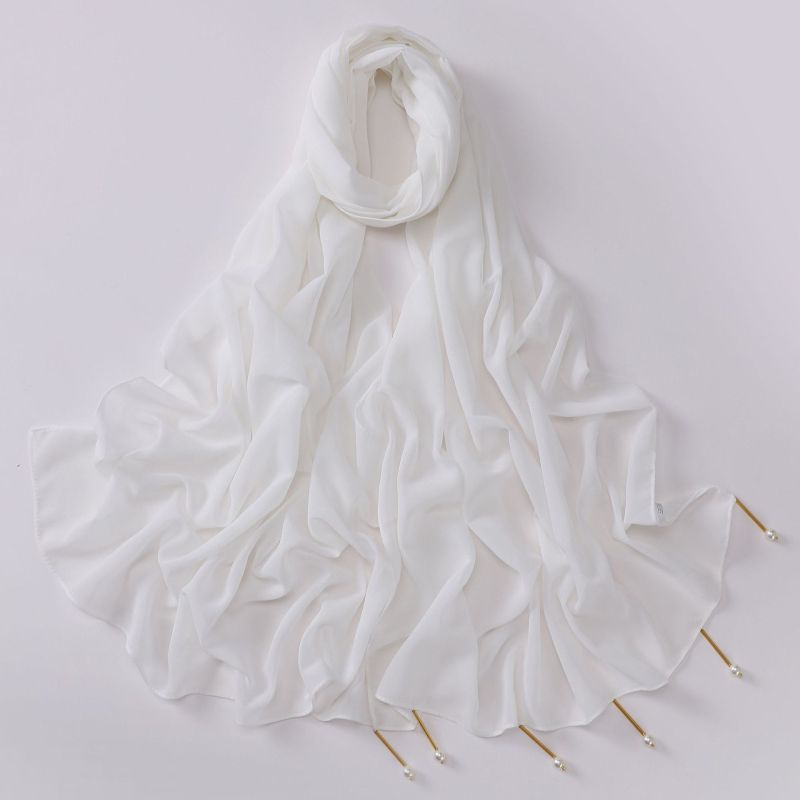 Kézzel készített chiffon sál rézcső gyöngyökkel, 170×70 cm