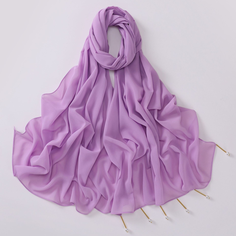 Kézzel készített chiffon sál rézcső gyöngyökkel, 170×70 cm