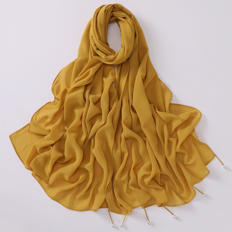 Kézzel készített chiffon sál rézcső gyöngyökkel, 170×70 cm