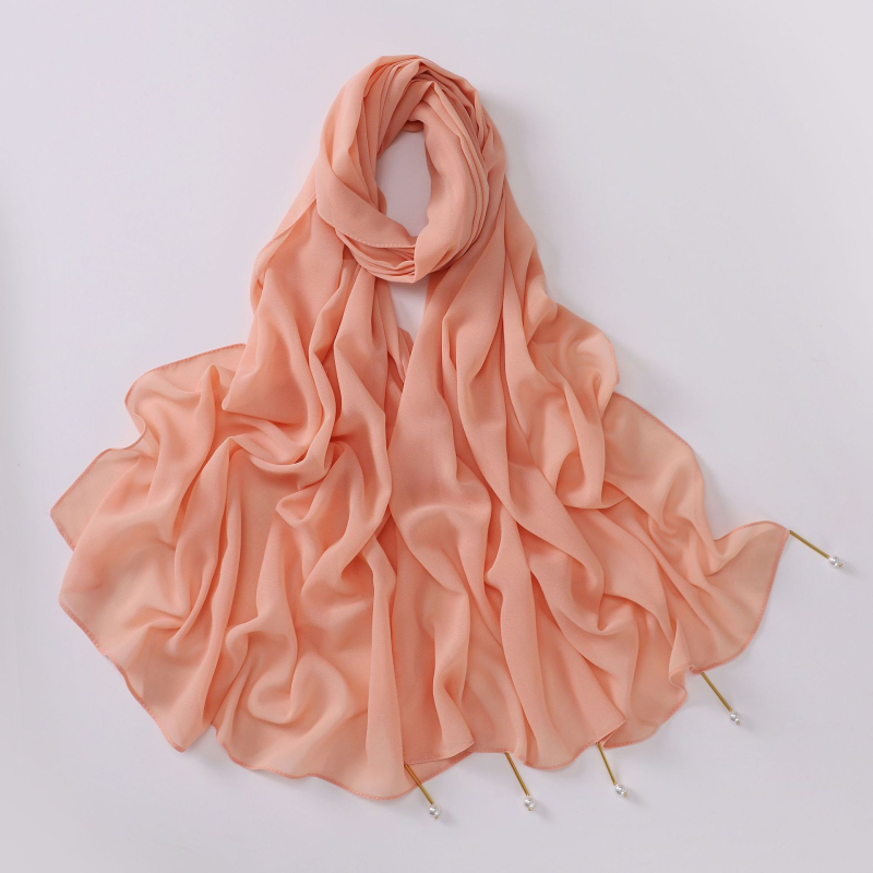 Kézzel készített chiffon sál rézcső gyöngyökkel, 170×70 cm