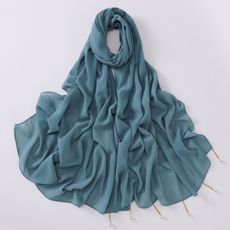 Kézzel készített chiffon sál rézcső gyöngyökkel, 170×70 cm