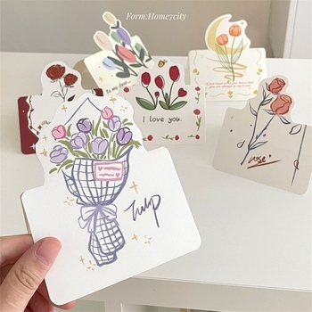 Pozdravná karta v štýle Instagram, séria tulipánov 3D kytica, kvetinová kartička s ručne písaným odkazom, pohľadnica