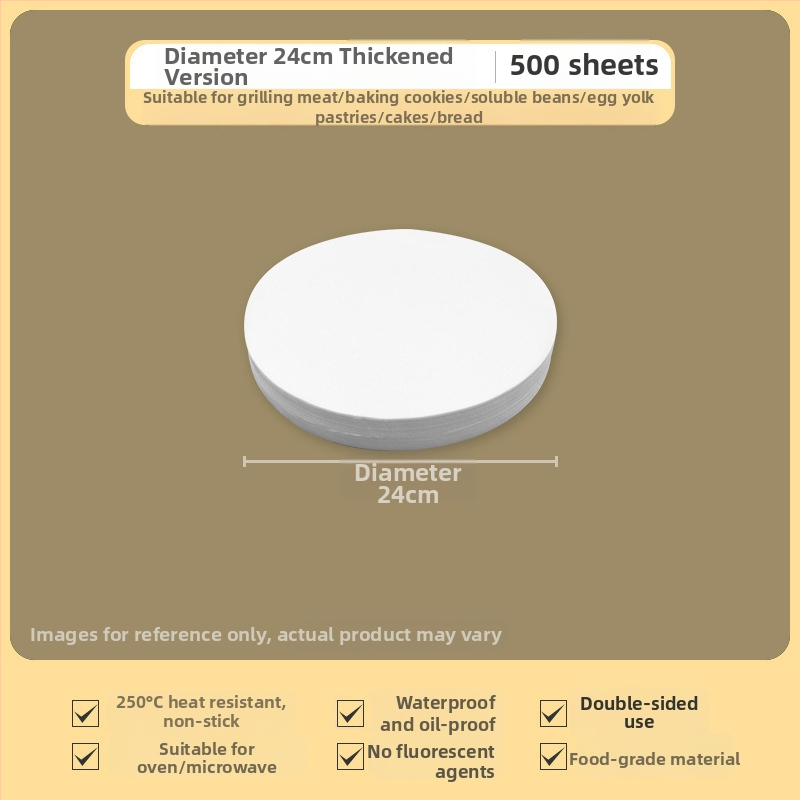 Hrubý kruhový papier na pečenie so silikónovým povlakom, nelepivý, obojstranný, odolný voči vysokým teplotám a absorbujúci tuk, na domáce pečenie.