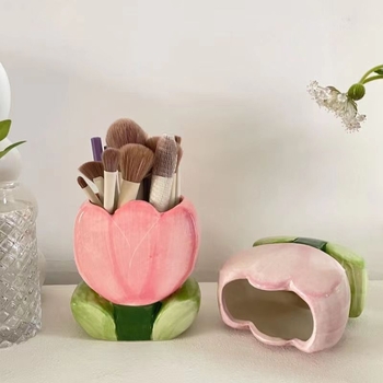 Keramický stojan na štetce na make-up v tvare tulipánu, organizér na stôl a dekorácia do izby
