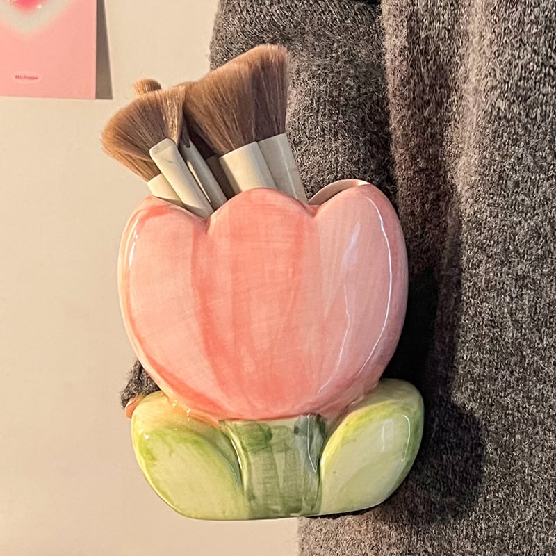 Keramický stojan na štetce na make-up v tvare tulipánu, organizér na stôl a dekorácia do izby