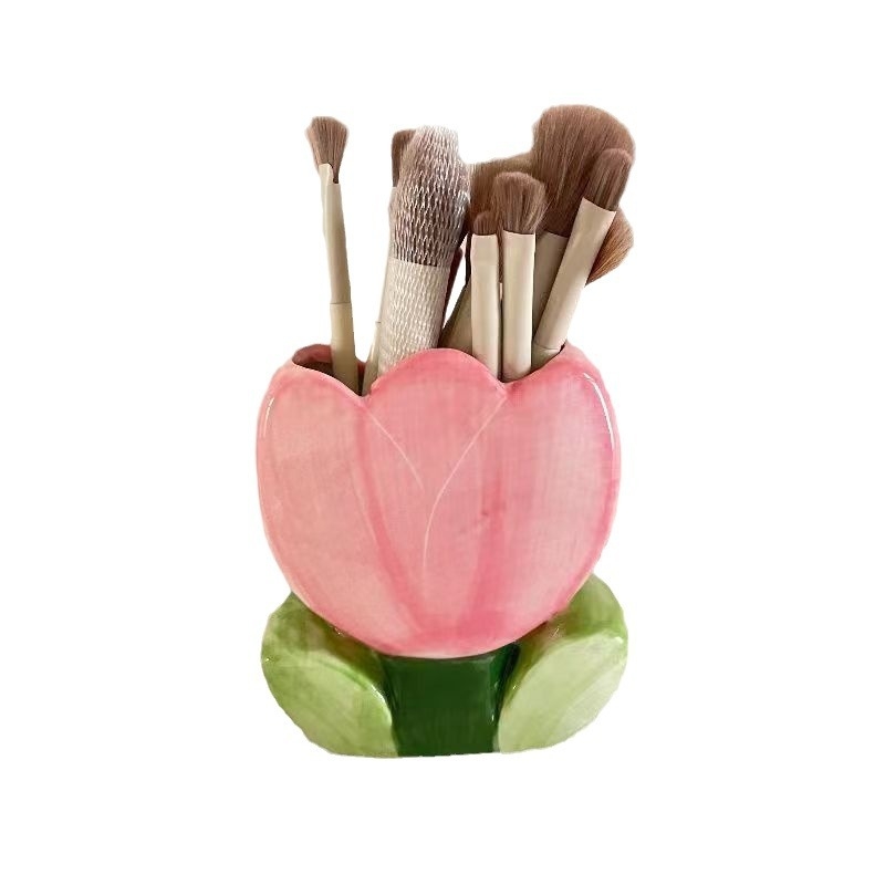 Keramický stojan na štetce na make-up v tvare tulipánu, organizér na stôl a dekorácia do izby