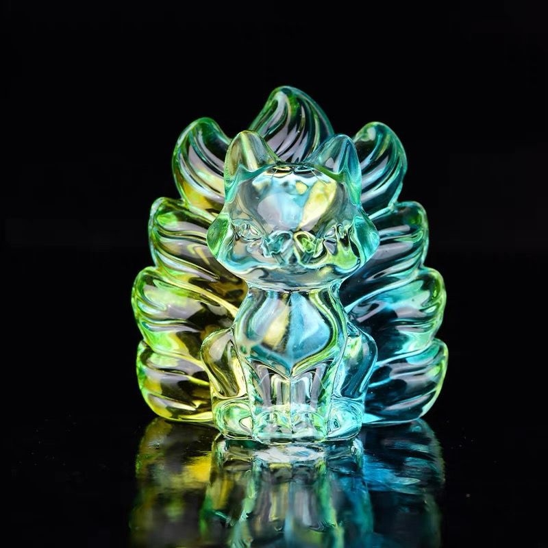 Žuta kristalna figura lisice s devet repova, staklena dekoracija u kineskom stilu