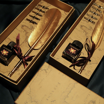 Európsky štýl vintage map box so zlatým perom, pero na namáčanie – pavie alebo husacie pierko