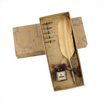 Európsky štýl vintage map box so zlatým perom, pero na namáčanie – pavie alebo husacie pierko