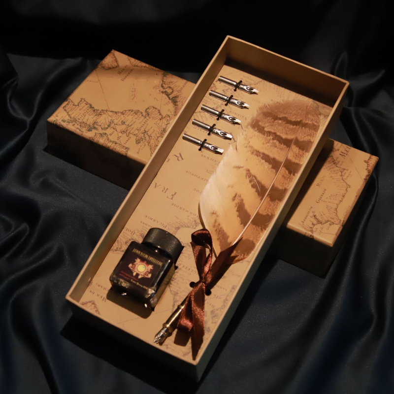 Európsky štýl vintage map box so zlatým perom, pero na namáčanie – pavie alebo husacie pierko