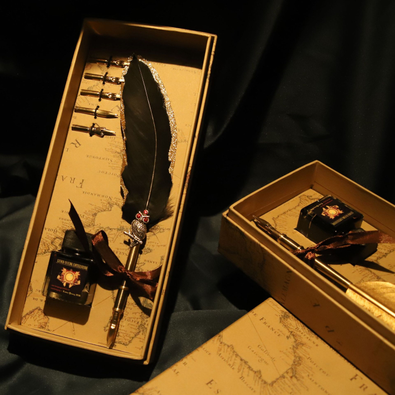 Európsky štýl vintage map box so zlatým perom, pero na namáčanie – pavie alebo husacie pierko