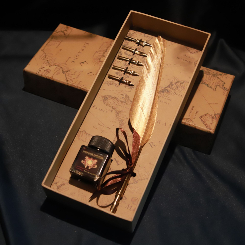 Európsky štýl vintage map box so zlatým perom, pero na namáčanie – pavie alebo husacie pierko