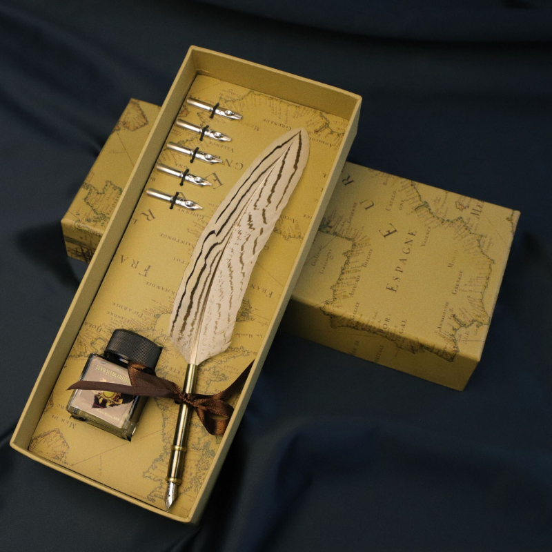 Európsky štýl vintage map box so zlatým perom, pero na namáčanie – pavie alebo husacie pierko