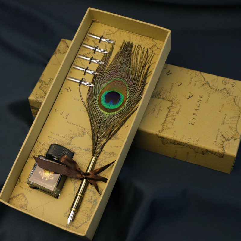 Európsky štýl vintage map box so zlatým perom, pero na namáčanie – pavie alebo husacie pierko