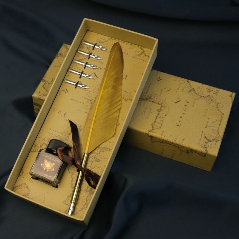 Európsky štýl vintage map box so zlatým perom, pero na namáčanie – pavie alebo husacie pierko