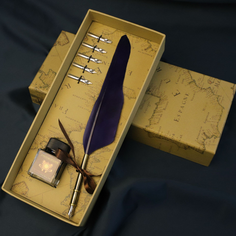 Európsky štýl vintage map box so zlatým perom, pero na namáčanie – pavie alebo husacie pierko