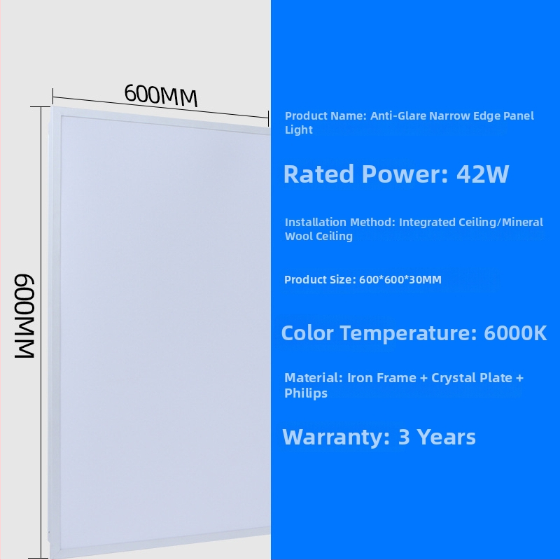 LED plochý panel osvetlenie 600×600 mm a 300×600 mm, úzky rám, hliníkové panelové svetlo, anti-glare, vysoký jas, ploché stropné svietidlo