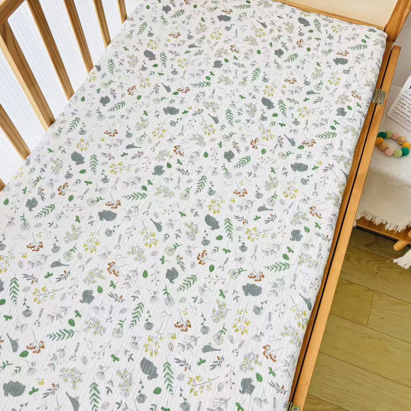 Set de lenjerie pentru copii din bumbac 100% tip A: cearșaf cu elastic, husă de pat și cearșaf, din tifon dublu-strat cu imprimeu desen animat; pentru toate anotimpurile