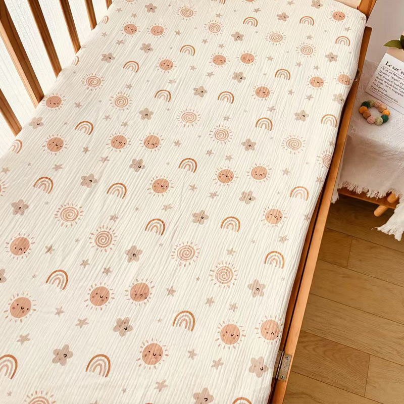 Set de lenjerie pentru copii din bumbac 100% tip A: cearșaf cu elastic, husă de pat și cearșaf, din tifon dublu-strat cu imprimeu desen animat; pentru toate anotimpurile