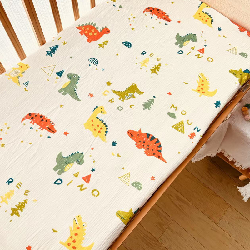 Set de lenjerie pentru copii din bumbac 100% tip A: cearșaf cu elastic, husă de pat și cearșaf, din tifon dublu-strat cu imprimeu desen animat; pentru toate anotimpurile
