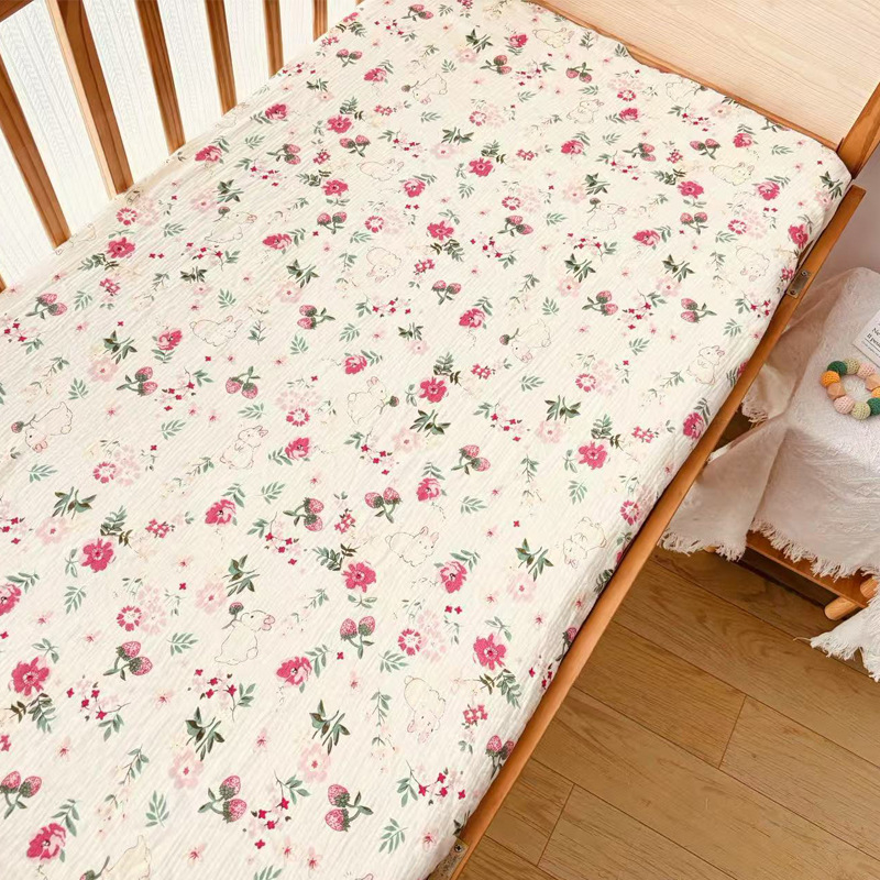 Set de lenjerie pentru copii din bumbac 100% tip A: cearșaf cu elastic, husă de pat și cearșaf, din tifon dublu-strat cu imprimeu desen animat; pentru toate anotimpurile