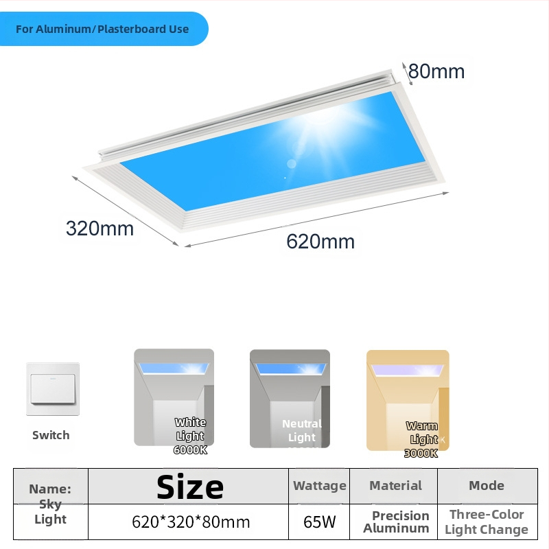 LED ultra tenký stropný panel s inteligentnou integráciou, vhodný do kuchyne a kúpeľne, modré svetlo oblohy, simulácia Slnka, čisté nebo svetlo